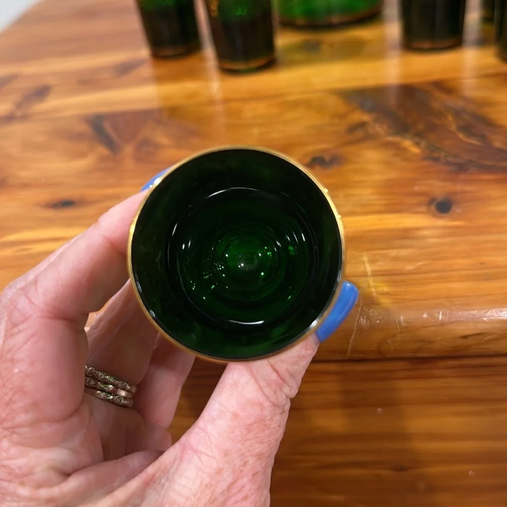 Vtg Cristallerie Artistiche Italy DFP Emerald Green & Gold Decanter w/ 6 Glasses